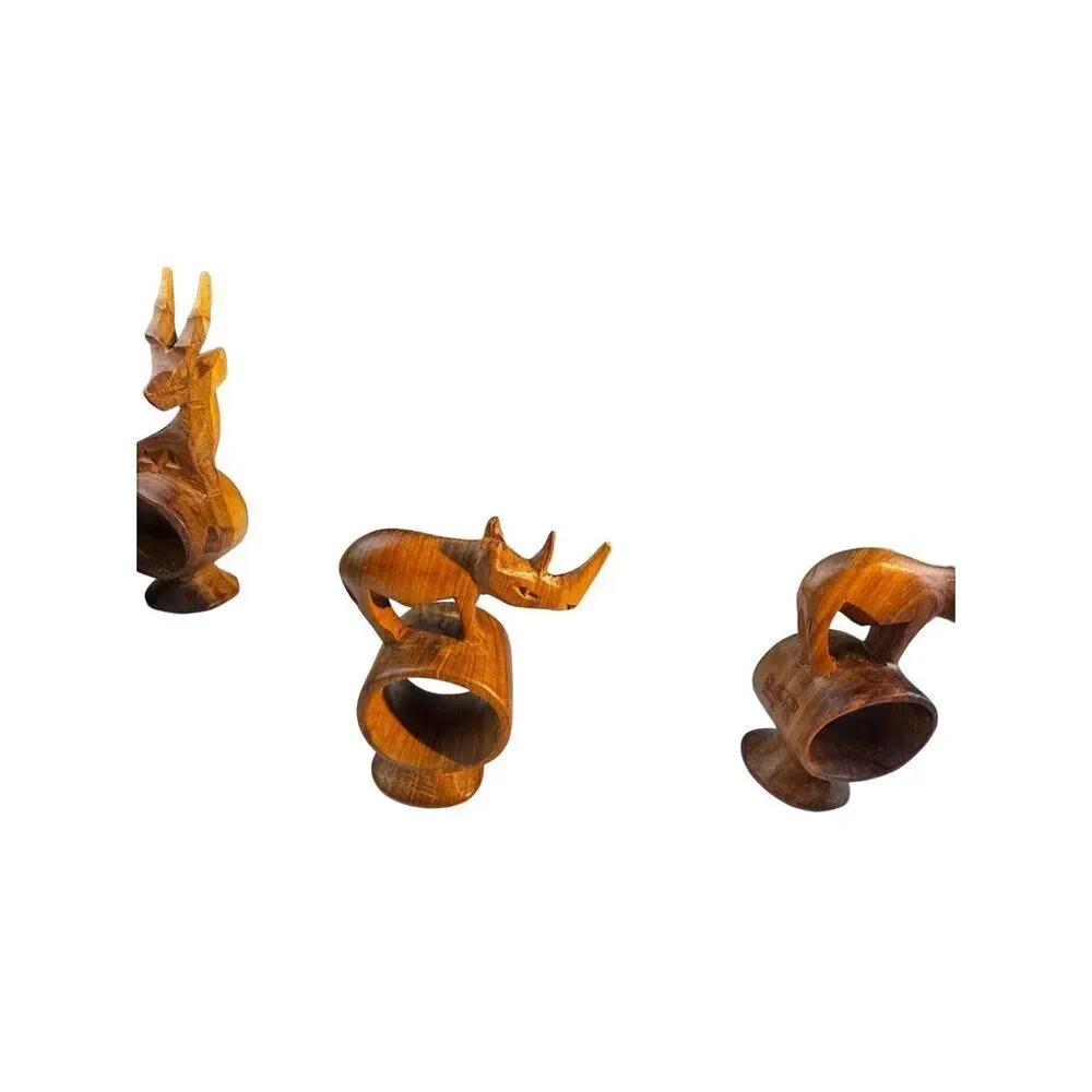 African hand Carved Teak Wood Napkin Rings, Set of 6